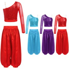 UK Kids Girls Belly Dance Outfits Shiny Sequins Crop Tops with Satiny Pants Set