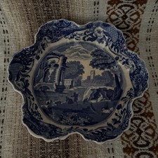 Antique Spode Italian Copeland Scalloped Dish Blue White Chateau Vintage
