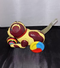 Vtg Tin Puppy Dog Toy Wheels Push Tail and Rolls Moves
