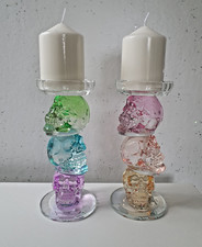T.K MAXX x2 Halloween SKULL solid Glass candlesticks Holders 8.5" stick decor