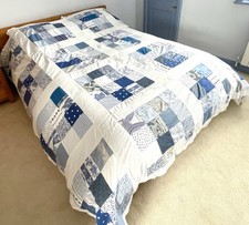 Patchwork Bed Spread Vintage King Size Hand Stitched Blue And White 230 X 220