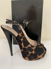 Giuseppe Zanotti Brown & Black Leopard Print Pony Skin Sling Back Shoes Size 38 