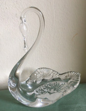 Vintage Small Decorative Textured Clear Glass Swan Figurine, Trinket Dish 5"