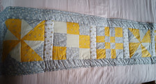 Handmade Quilted Bed Runner In Grey,White and Yellow 70 inches x 15 inches