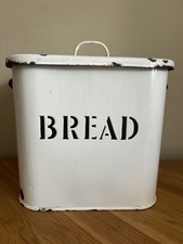 Vintage Original 1930/50’s Large Enamel Bread Bin White + Black Lettering Prop