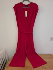 New Lipsy Red Ribbed V Neck Cropped Leg Belted Jumpsuit Size UK 12