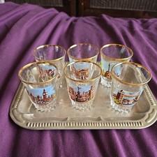Set Of 6 Rare Vintage London Themed Shot Glasses Gold Trim with serving tray