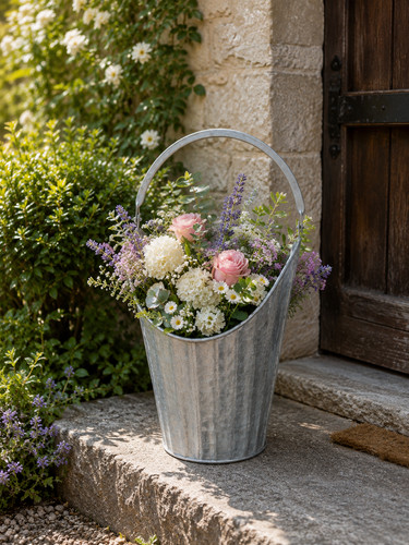 Galvanised metal flower bucket - galvanised,