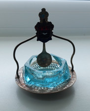 VINTAGE BLACKPOOL SOUVENIR GLASS SALT DISH & SPOON UV GLOW URANIUM SILVER PLATE