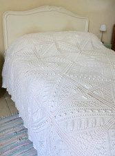 Large Vintage Hand Knitted Bedspread/Cover ? Double or Kingsize ? Ivory Cotton