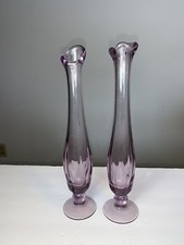 MCM Vintage Fostoria Art Glass Swung Bud Vases Purple Amethyst 11”  Mid-Century