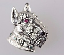 SCOTTIE DOG SCOTTISH TERRIER WEST HIGHLAND WHITE SOLID SILVER BROOCH RUBY EYES 