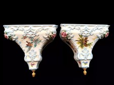 Antique Wall Brackets French Sevres Porcelain Pair Corbels Hand Painted Shelves