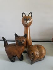 Wooden Cats joblot Hand Carved Cute x 3
