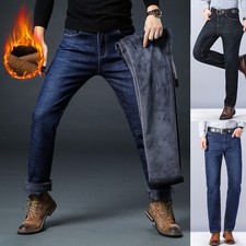 UK Men's Winter Thick Thermal Jeans Fleece Lined Trousers Denim Stretchy Pants
