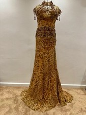 Gold Beaded Leopard Print Evening Gown – Sequin Embellished Maxi Dress with Deta