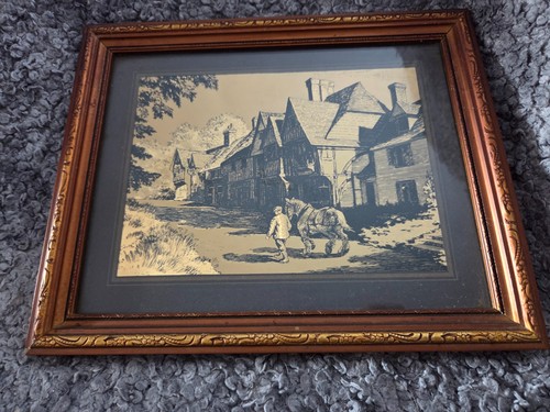 Vintage etched village scene