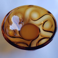 Vintage 1960s Art Deco glass dish fruit bowl dark amber swirls 22cm Bohemian