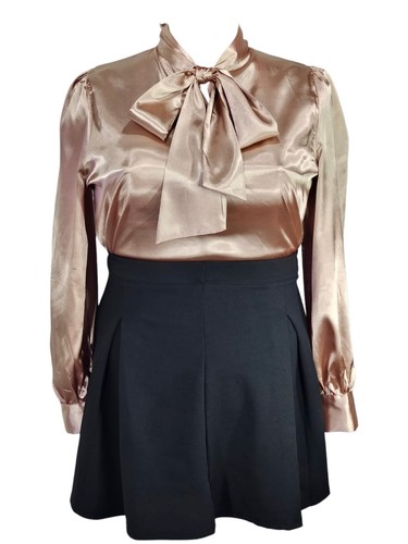 Khaki glossy satin pussybow