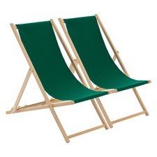 2x Folding Wooden Deck Chairs Adjustable Reclining Canvas Beach Lounger Green