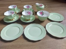English Bone China  Tea Set Green/Gold With Rose Detail Inside Good Condition
