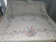 Vintage Cream Embroidered  Tablecloth 54x54 Inches