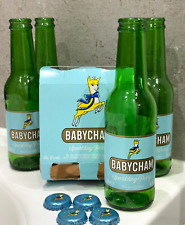 Collectable Used BABYCHAM Pack of 4 Glass Empty Bottles + Tops + Card Holder