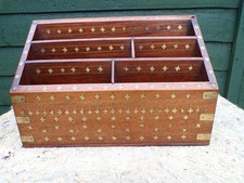 Vintage Mid Century Brass Inlaid Wooden Desk Standing Letter Rack