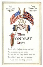 Antique military WW1 printed postcard USA & UK friends from dear old Blighty 