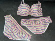 Ladies Pink Rainbow Stripe Floozie Frost French Bikini Top 34E Bottoms 10 & 12