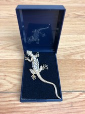 Gold Coloured Metal Lizard Brooch With Diamante And Green Gem Eyes 