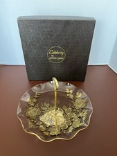 Celebrity by Fiesta Glass Cake Plate with Handle – Gold Floral – Boxed Vintage