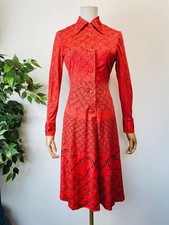 Vintage 70s Orange Coral Black Abstract Print Dagger Collar Shirt Dress 8