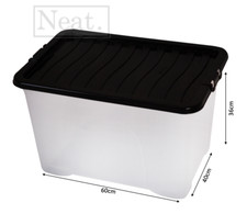 PLASTIC CLEAR STORAGE BOXES - BLACK LID STRONG DURABLE HOME OFFICE STACKABLE 