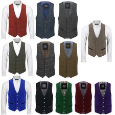Mens Vintage Formal Tweed Herringbone Check Waistcoat Smart Casual Velvet Vest