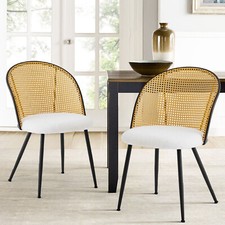 2/4/6x Dining Chairs Fabric Padded Seat Kitchen Chairs Set with Rattan Backrest