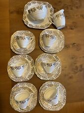 China  Tea Set Gold  & White 6 Trios, Milk, Sugar, Cake Plate 21 Items Vintage 