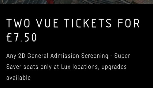 Vue cinema tickets 7 - 2, £7.50