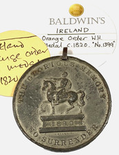 Rare British Ireland 1820 No Surrender Orange Order lodge members medal No. 1399