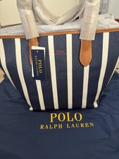 New Polo Ralph Lauren Striped Canvas Navy White Striped Medium Bellport Tote Bag