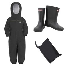 ZORAX 12M-14Y Black Kids Waterproof Puddle Suit One-piece Rain Suit & Rain Boots