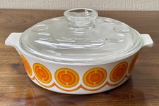Retro 1970s Pyrosil Casserole Dish with Lid Hob/Oven White Orange Pyrex