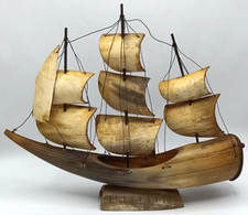 VINTAGE MUSICAL MODEL NAUTICAL GALLEON SAILING SHIP. BOVINE HORN & WIRE RIGGING