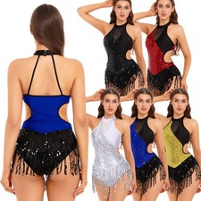 UK Women Tassel Latin Dance Dress Sequins Leotard Cha-Cha Samba Ballroom Costume