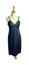 Vtg *Charnos* Black Silky Nylon & Lace Full Slip Pink Label BNWOT UK12