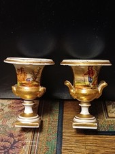 Antique Pair Of Paris Porcelain Miniature Urns. 19th Century. Hand Painted.