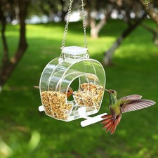 Bird House Feeder Clear Plastic Round Canteen Hopper-Style Hanging Seed Outdoor