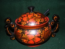 VINTAGE RUSSIAN LACQUER KHOKHLOMA TABLEWARE HAND PAINTED USSR TWIN HANDLED POT