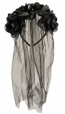 Black Flower Headband With Veil Wedding Halloween Fancy Dress Costume Accessory