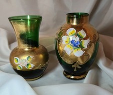 Vintage Venetian Green Murano Glass Vase & Enamel Decoration 22ct Gold Gilding